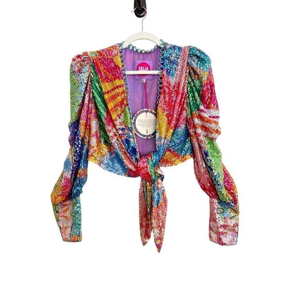 Celia B Fuji Tie Front Sequined Crop Top Multicolor Women’s Size Small - Picture 1 of 16